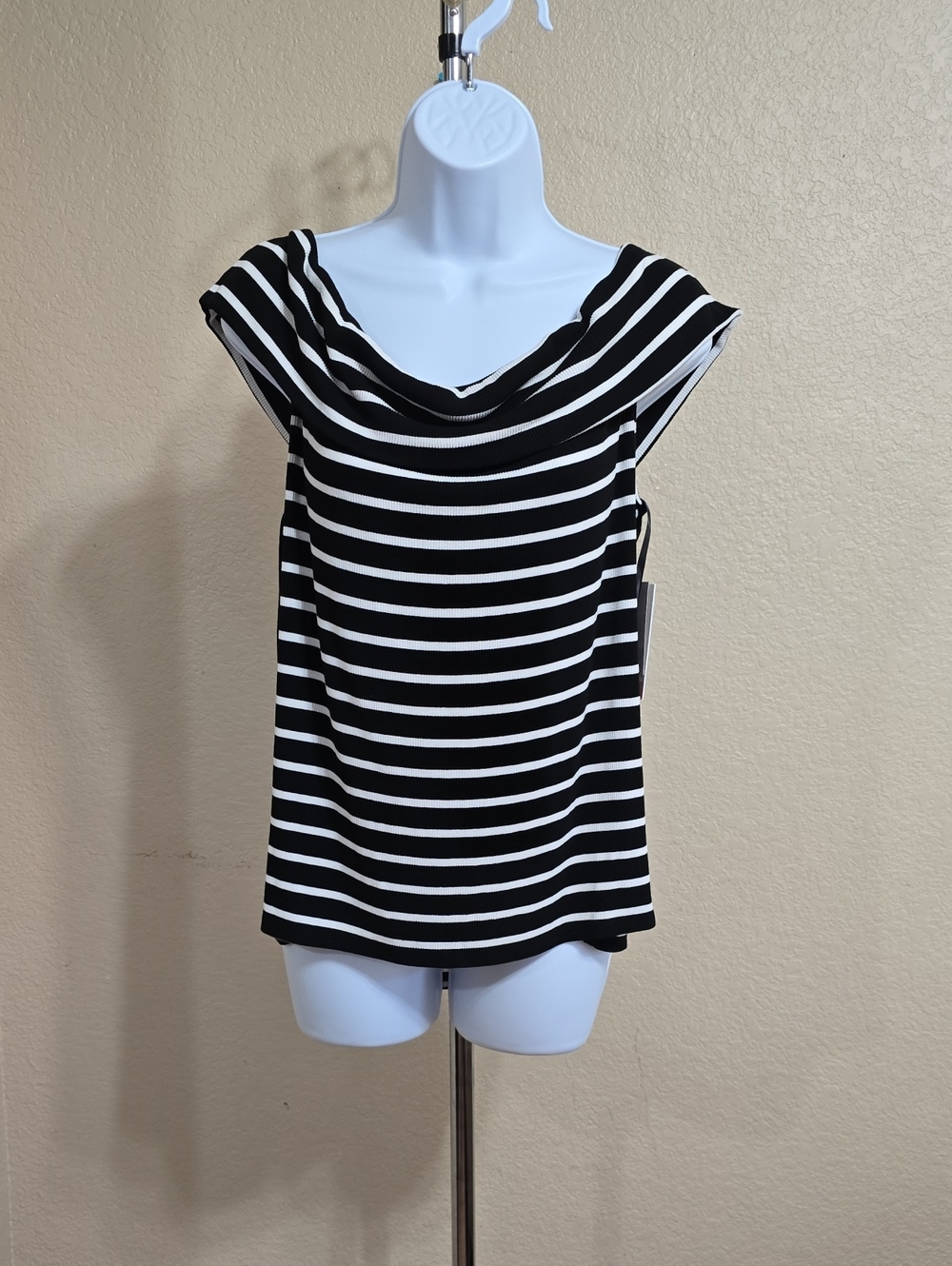 Black & White Striped Cowl Neck Women's Top